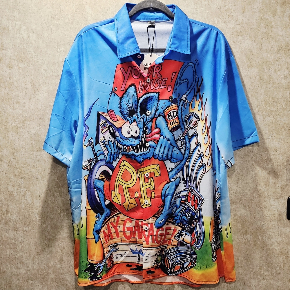 NWT Rat Fink Garage Button-Up Short Sleeve Oversized Shirt Men's XL